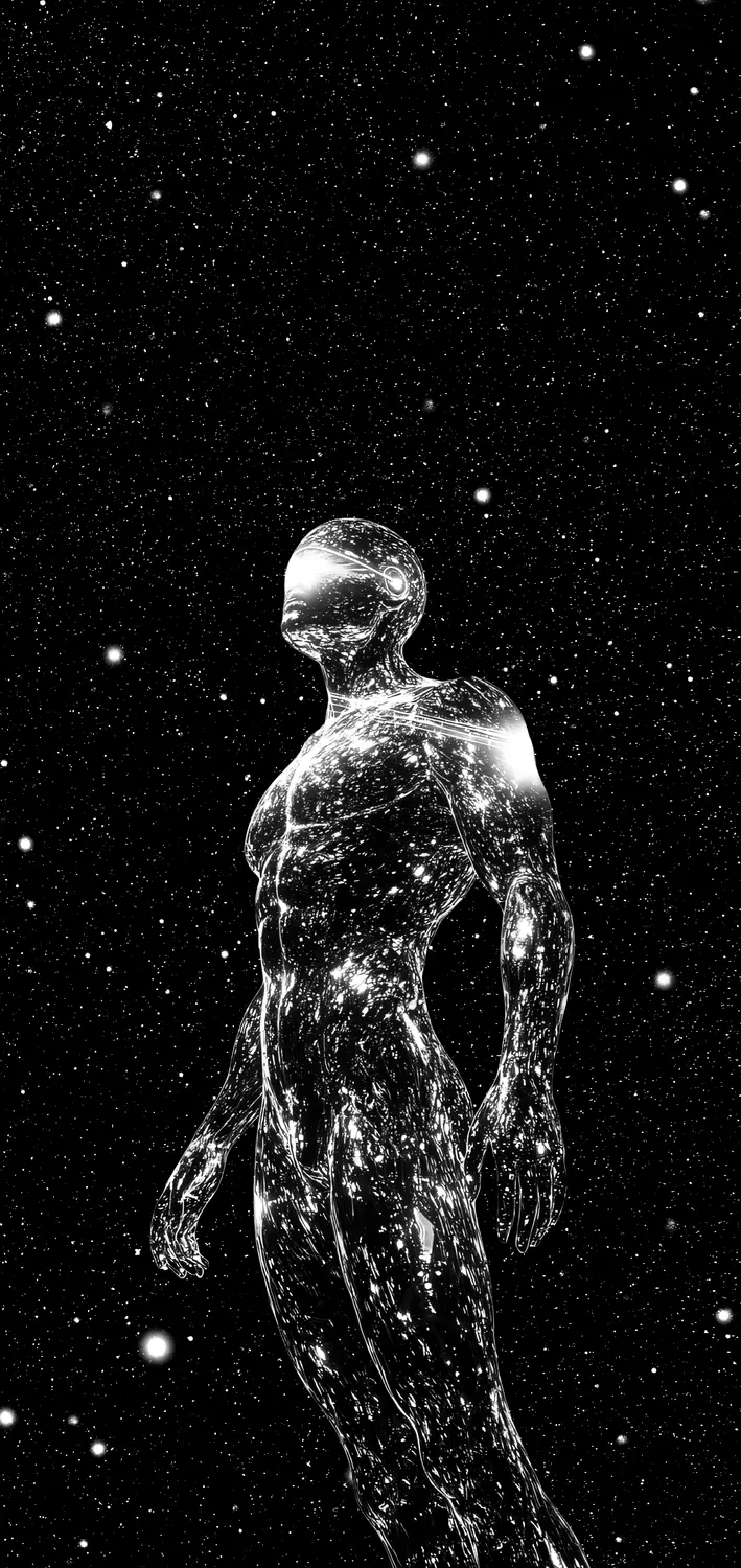 A human form rendered from points of light, a figure of data