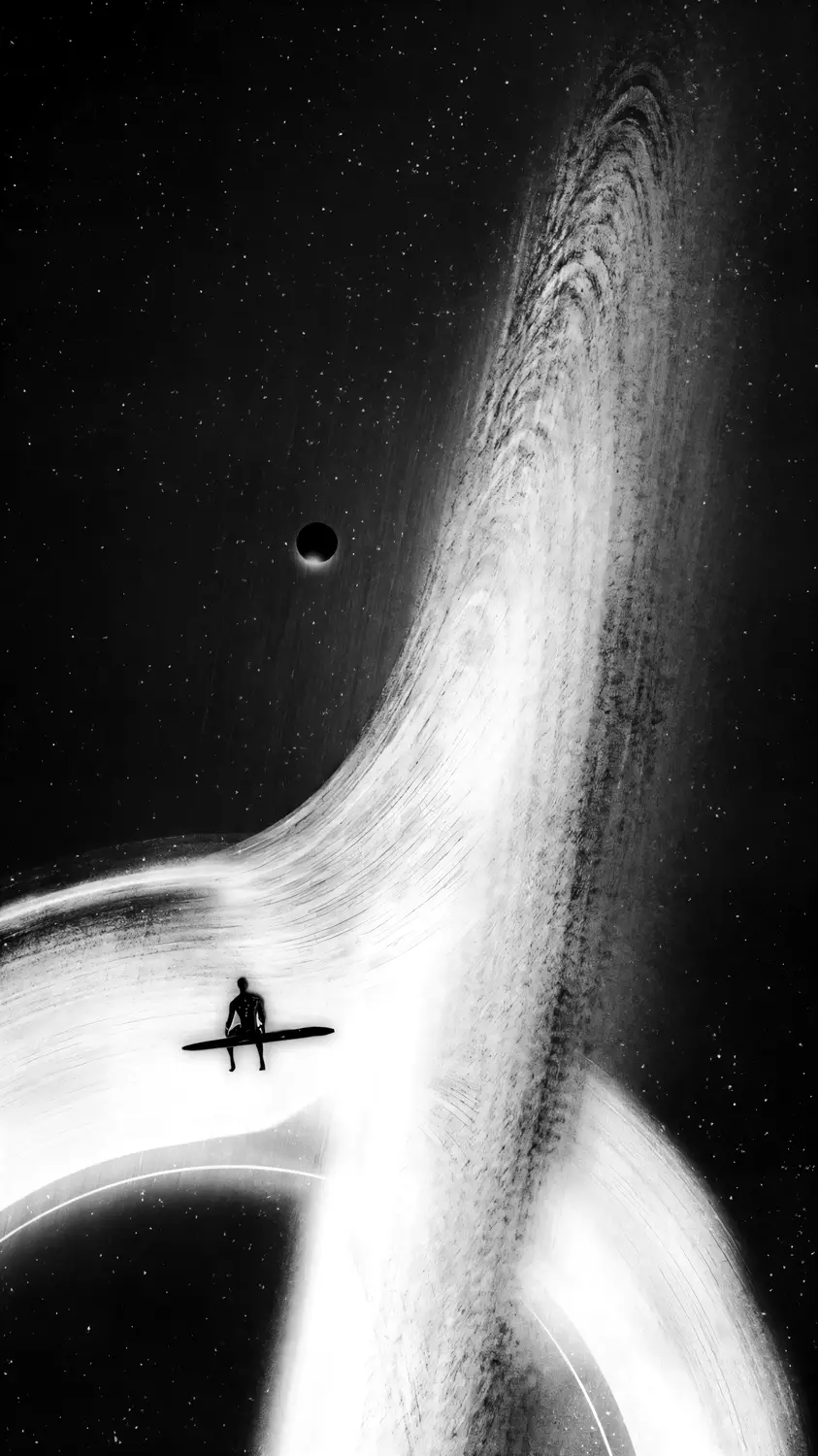 A lone figure on a bright path through the dark