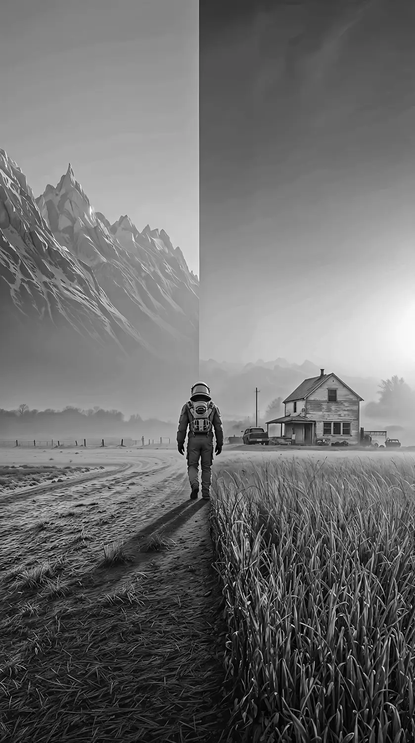 A figure crossing from a cold, static landscape into a warmer, productive one
