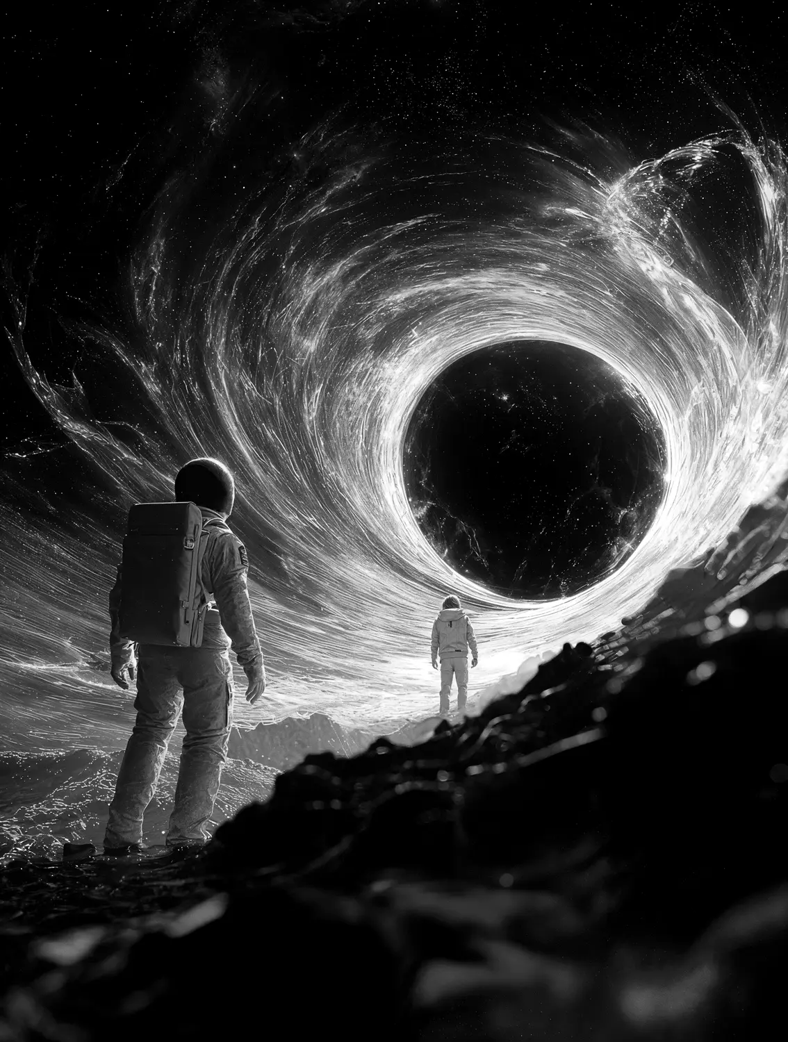 A figure approaching a vast tunnel of light